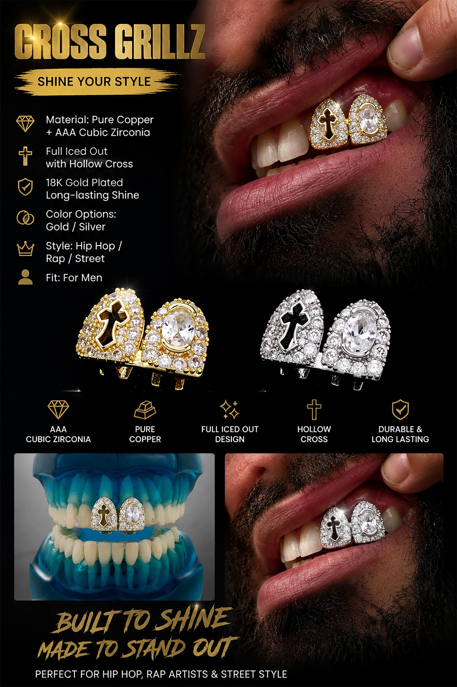 JINAO Hip-Hop Doppelzahn Vollbesetzter Hohlkreuz CZ Grillz für Männer Ober- und Unterkiefer Glänzender Einzelgrill Punk Rapper Weihnachtsgeschenk – Detail 1