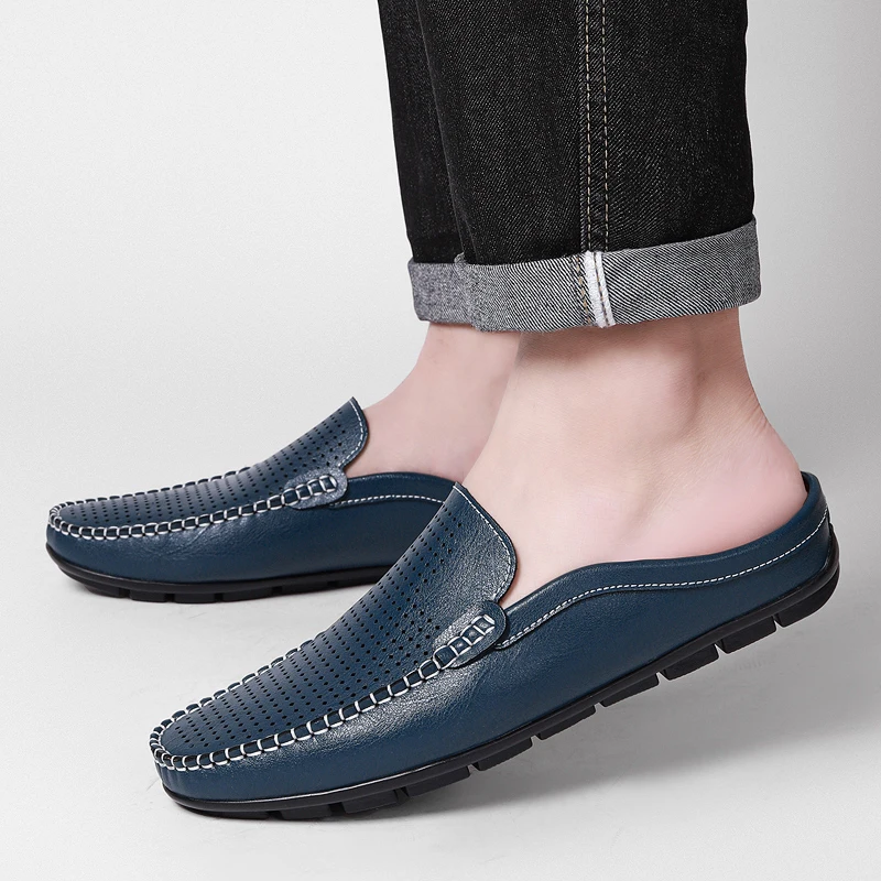 Half Shoes for Men Summer Mens Mules Perforated Leather Slippers Casual Slip-ons Loafers Flats Black Brown