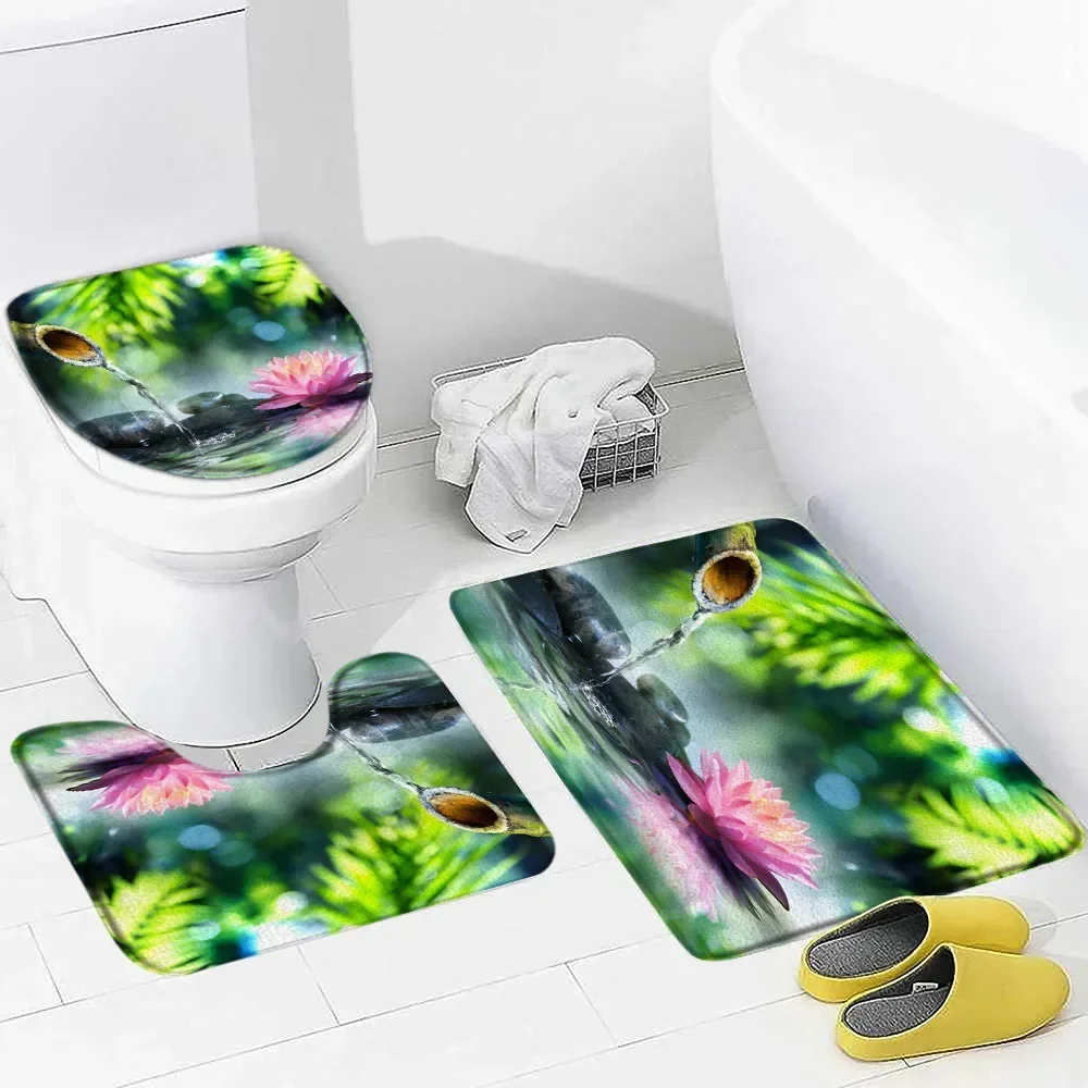 Zen Bath Mat Set Green Bamboo Pink Lotus Black Stone Running Water Nature Scenery Bathroom Decor Non-Slip Rugs Toilet Lid Cover