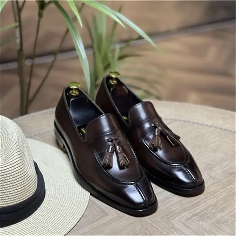 Men Classic Loafers Handmade Leather Square Toe Low-heeled Tassel Fashion Business Casual Wedding Party Daily Men Shoes