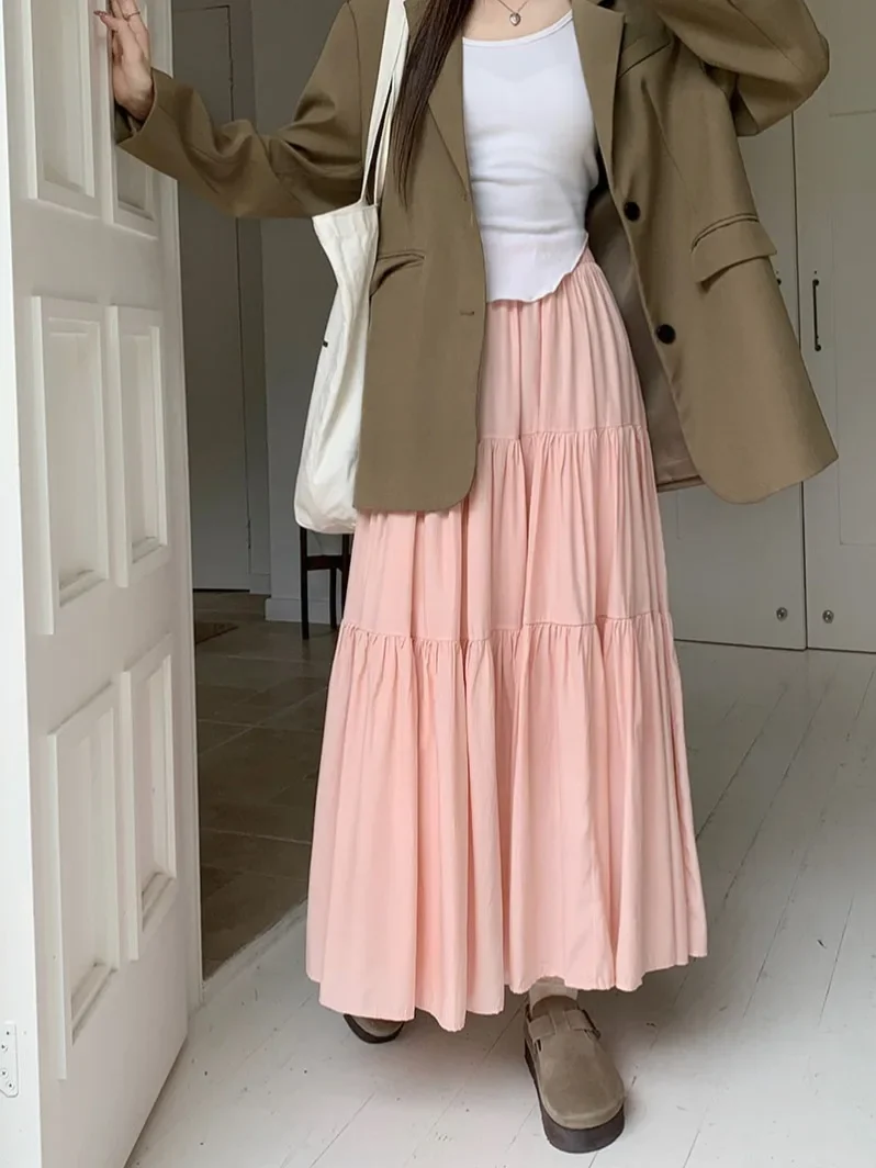 Korean Fashion A Line Long Skirt Women Spring High Quality Pleated Skirt Female Chic Elastic High Waist Holiday Faldas Mujer New