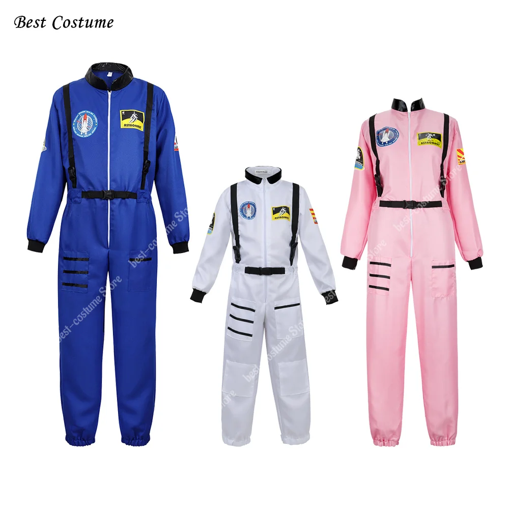 Women Astronaut Costume Men Adult Kids Family Astronaut Costume Plus Size Jumpsuit Zipper Space Suit Uniform Pink White Blue