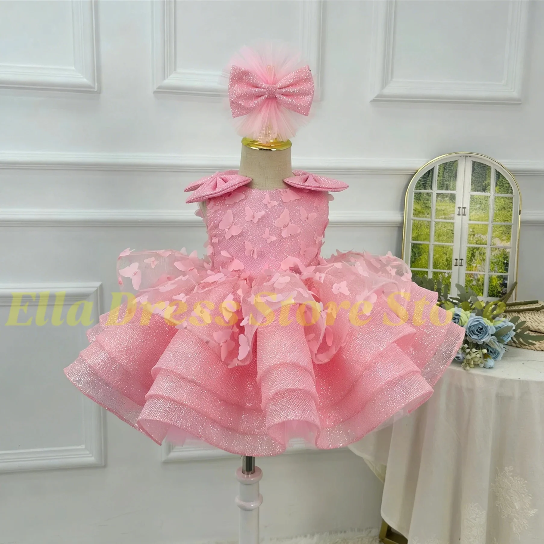 Maßgeschneidertes Großhandels-Blumenmädchenkleid für Hochzeiten, Applikationen, Schleife, ärmellos, hohe Taille, knielang, Geburtstags- und Erstkommunionkleid – Detail 2