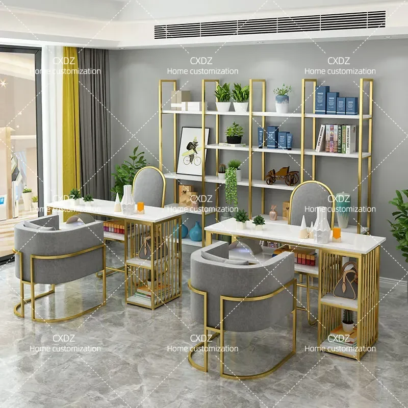 Modern Simple Manicure Table Double Layer Marble Top Nail Desk with Chair Set Single or Double Gold Wrought Iron Makeup