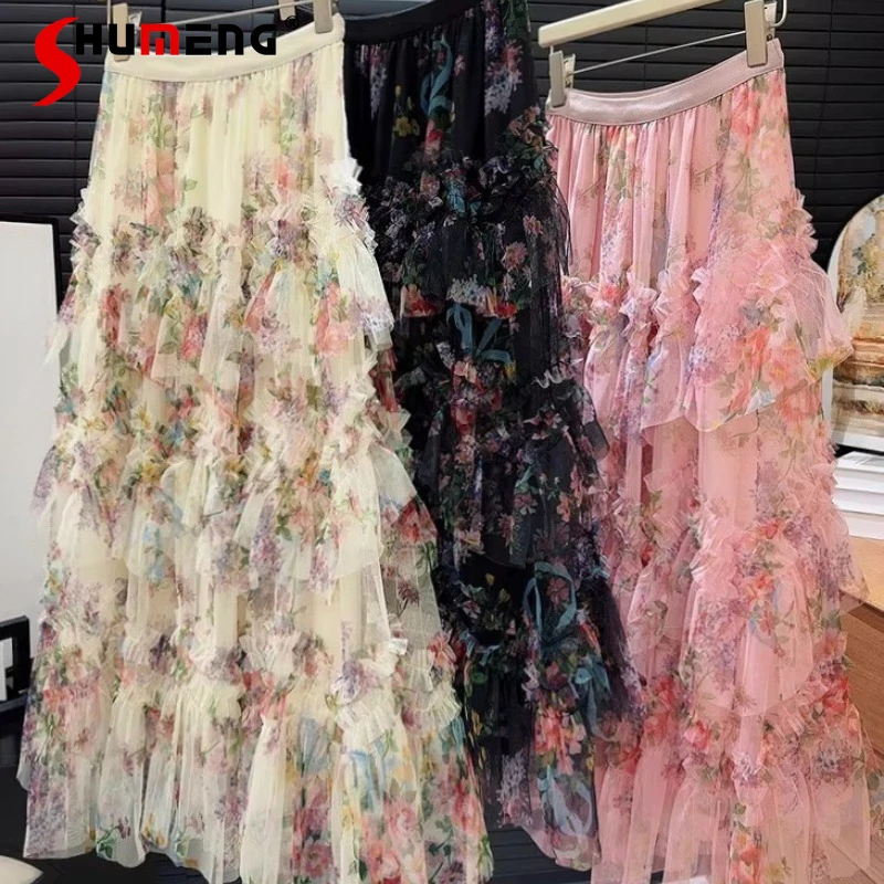 

Fashion Splicing Printed Mesh Gauze Cake Skirts Women's 2025 Summer New Stylish Floral Dresses Trendy Feminine Nice Long Skirts
