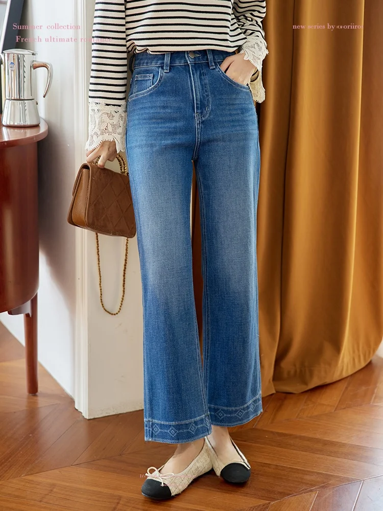 

Джинсы Moriirose с высокой талией, синие, с принтом, прямые, расклешенные, женские, винтажные, из денима, укороченные, облегающие, длиной 7/8