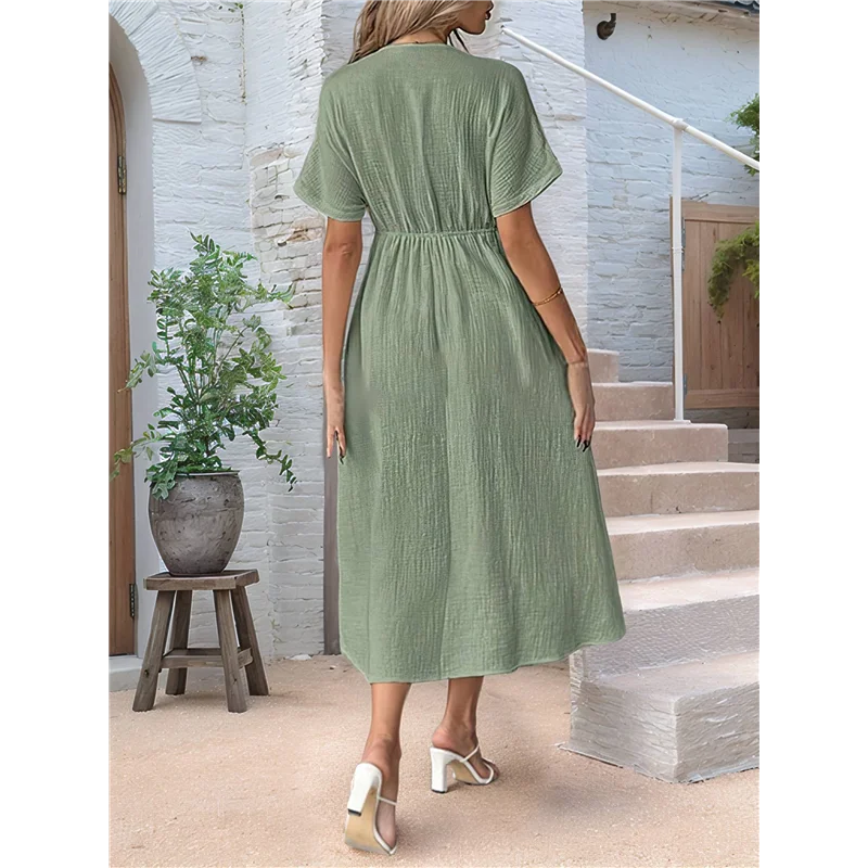 فستان ASDS-صيفي للنساء كاجوال بأكمام قصيرة وربطة عنق على شكل حرف V وكشكشة فساتين متوسطة الطول
