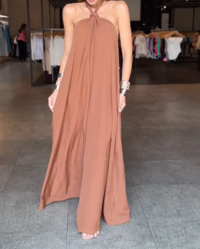 

Halter Sleeveless Tied Detail Overall Casual Backless Wide Leg Jumpsuit