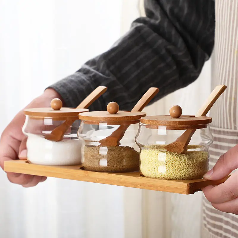Japanese Style Kitchen Glass Spice Jar Set Bamboo Wood Lid Threaded Spice Chili Jar Home Kitchen Pepper Shaker Kitchen Utensils