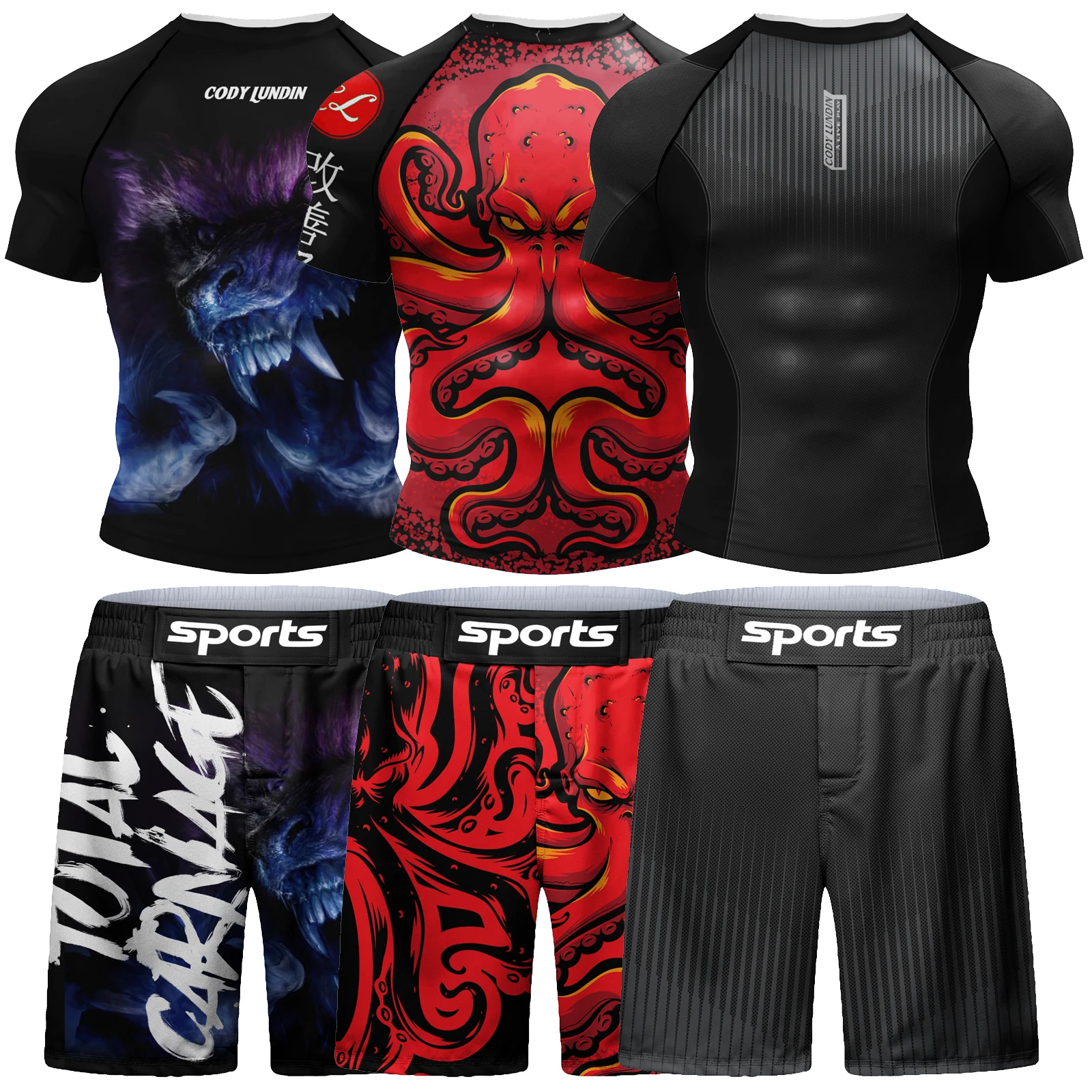 Bodybuilding Surf Wear Short Sets For jiu jitsu Bjj No Gi Rashguard+Grappling Shorts Cool Westling stretchy Running Skin Clothes