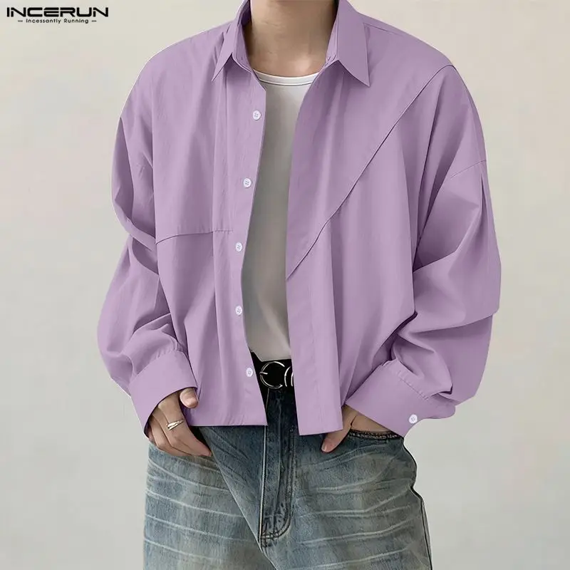 INCERUN 남성 셔츠 솔리드 컬러 라펠 긴 소매 버튼 루즈 크롭 탑 남성 스트리트웨어 한국 스타일 패션 캐주얼 남성 의류