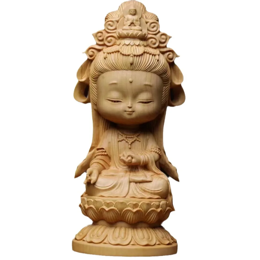 Cartoon Guanyin authentic leaflet boxwood carving Guanyin carving ornament Wenwan hand piece hand carving