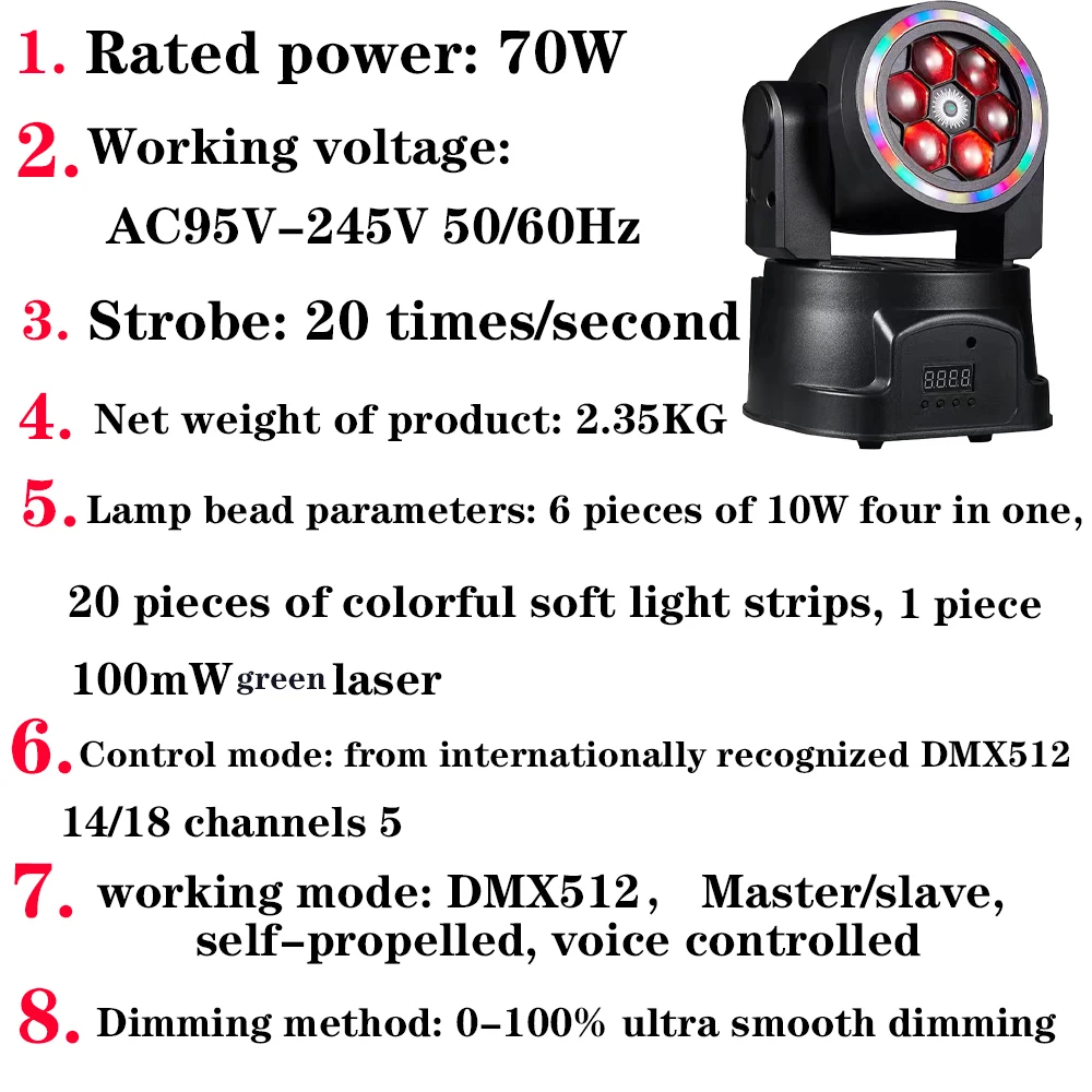 70 Вт 6RGBW 4IN1 Светодиодный красный лазерный проектор DMX512 с 20-светодиодной лентой DJ Dsico Lights Strobe Beam DMX Party Stage Lighting Effect xms
