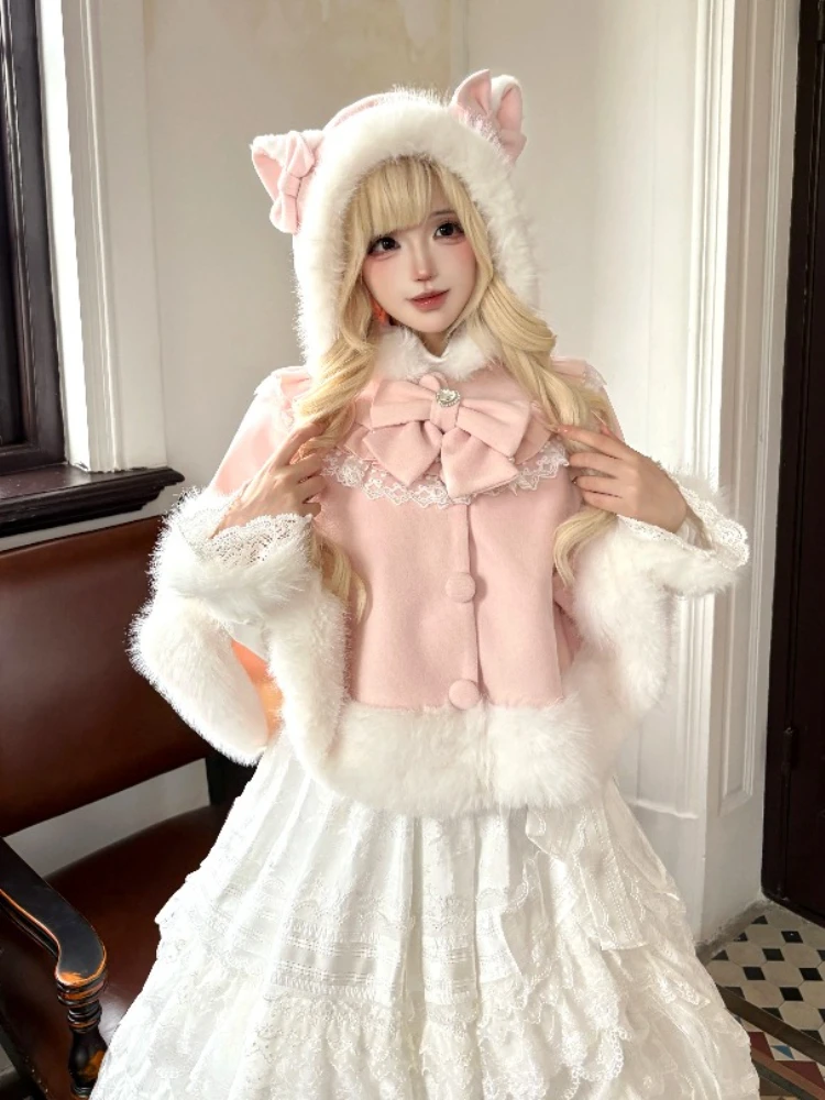 

2024, рождественская накидка, пальто, женские куртки-плащики в японском стиле Лолиты, пальто из искусственного меха, вечерние, Ropa Mujer, милые свободные топы с бантом