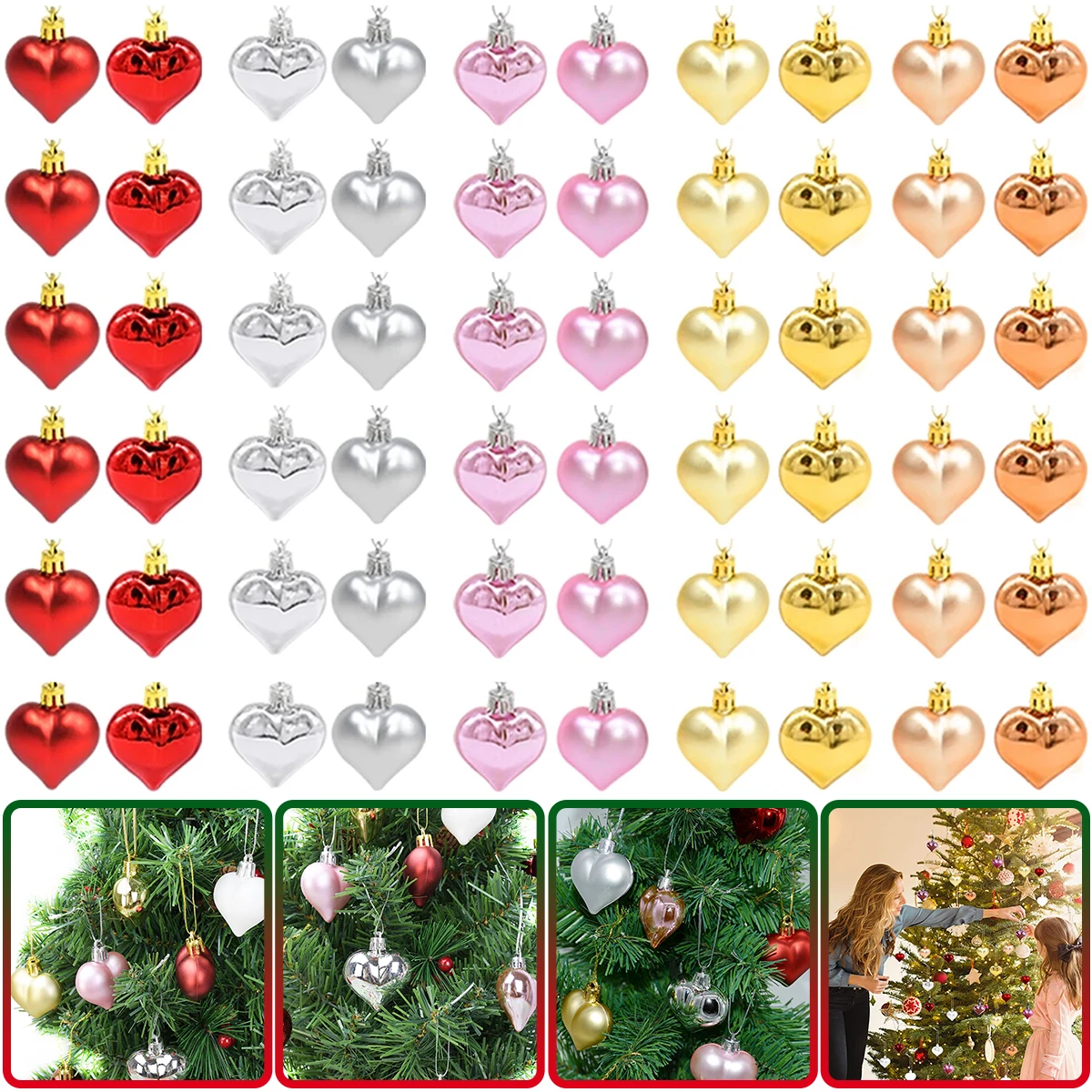 12Pcs Christmas Heart Shaped Hanging Ornaments Bright Matte Plastic Heart Shape Pendant Wedding Christmas Party Decoration