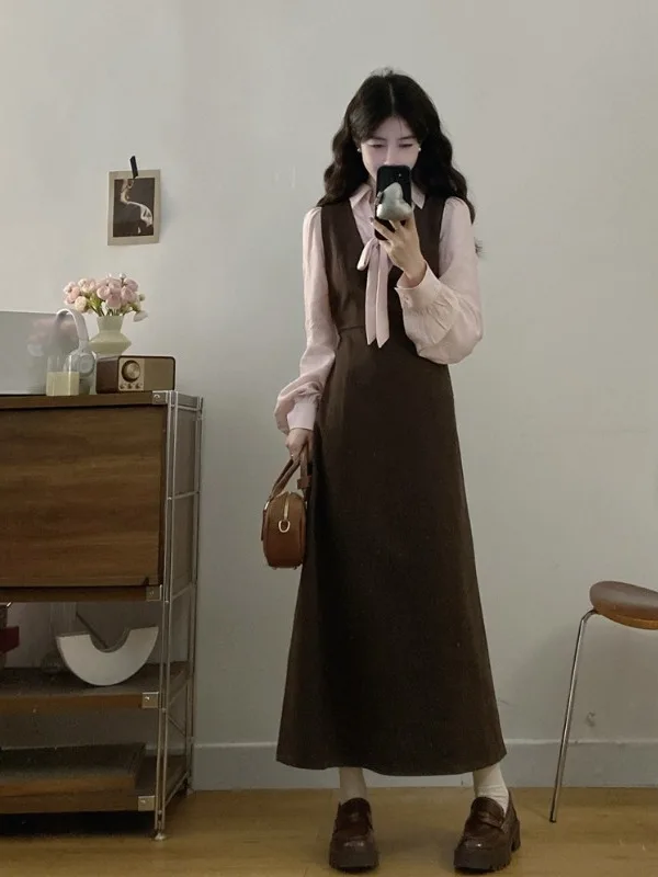 

Женское платье больших размеров с длинным рукавом, на завязках, с поясом, с завышенной талией, комбинированное, осенне-зимнее, новая модная корейская версия для повседневной носки