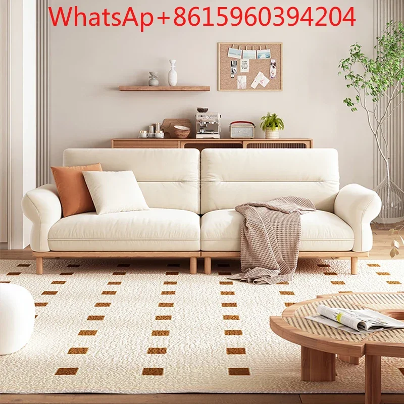 Custom Nordic Japanese solid wood sofa modern simple small apartment living room high back flannel cream style