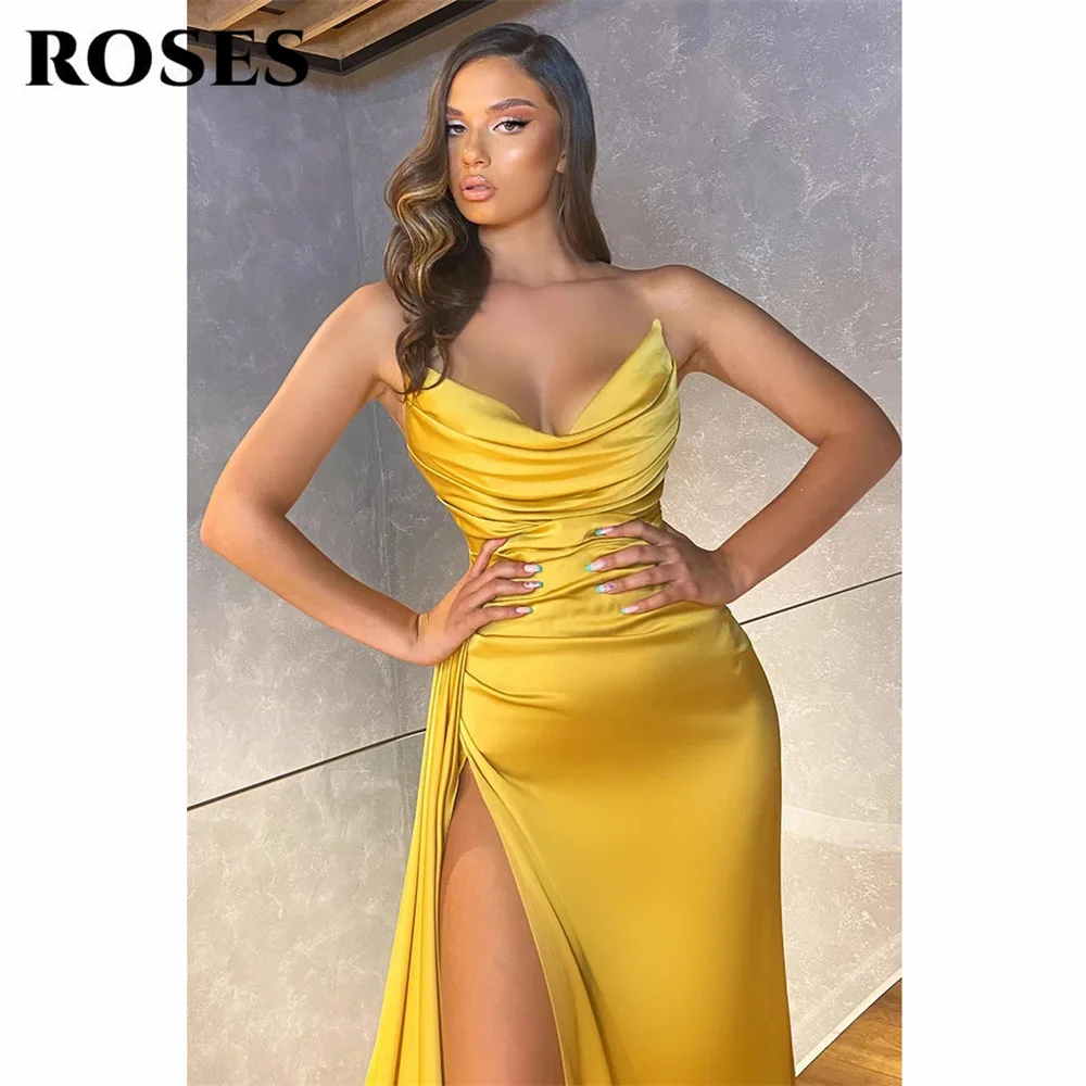 ROSES Gold Prom Dress Strapless Pleated Evening Dress Sexy Mermaid Satin Party Dress Sexy High Side Split Vestidos De Noche