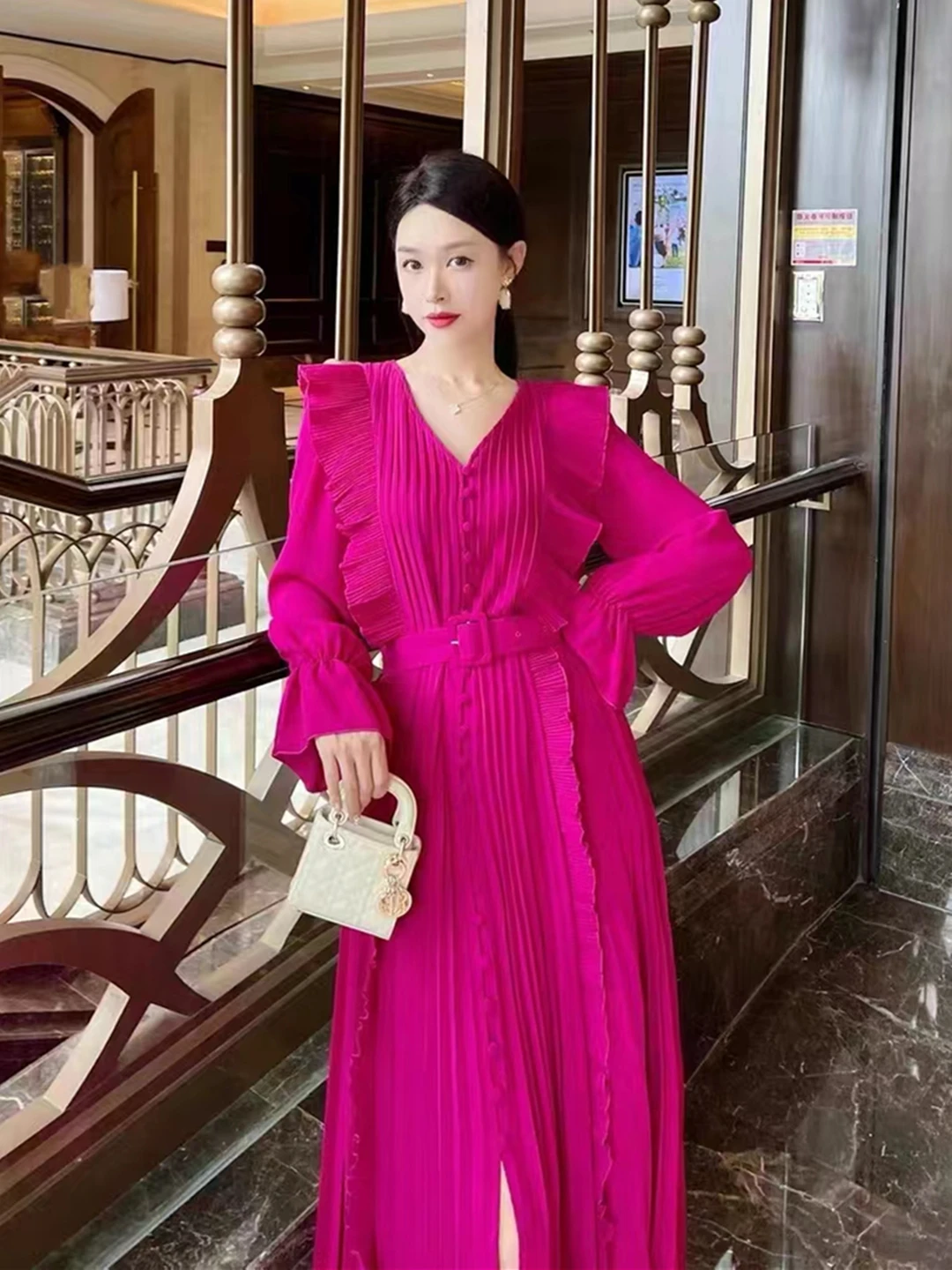 

New Spring Autumn Women V-Neck Long Sleeve Belt Slim Long Dress High Quality Sweet Ruffles Patchwork Split Big Hem Pleated Dress