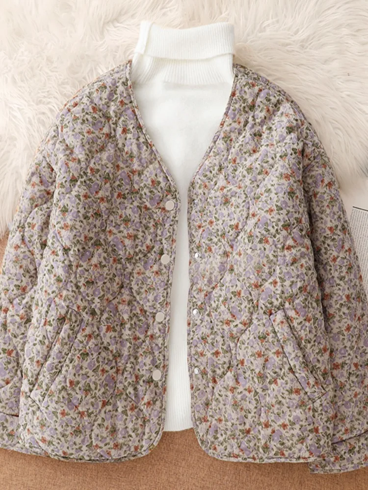 

Thiened Cotton Jaet Домашняя одежда Ретро с цветочным принтом Женское зимнее легкое теплое хлопковое пальто Свободного покроя Длинное сверу rou...