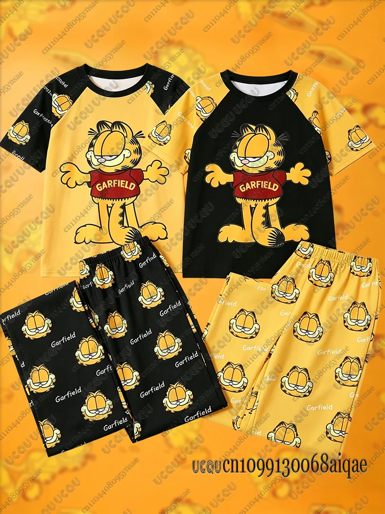 Camisetas y pantalones de pijama con estampado de dibujos animados de Garfield para adultos/niños, camisetas de verano con patchwork, pantalones largos deportivos, ropa de casa para niños de Garfield
