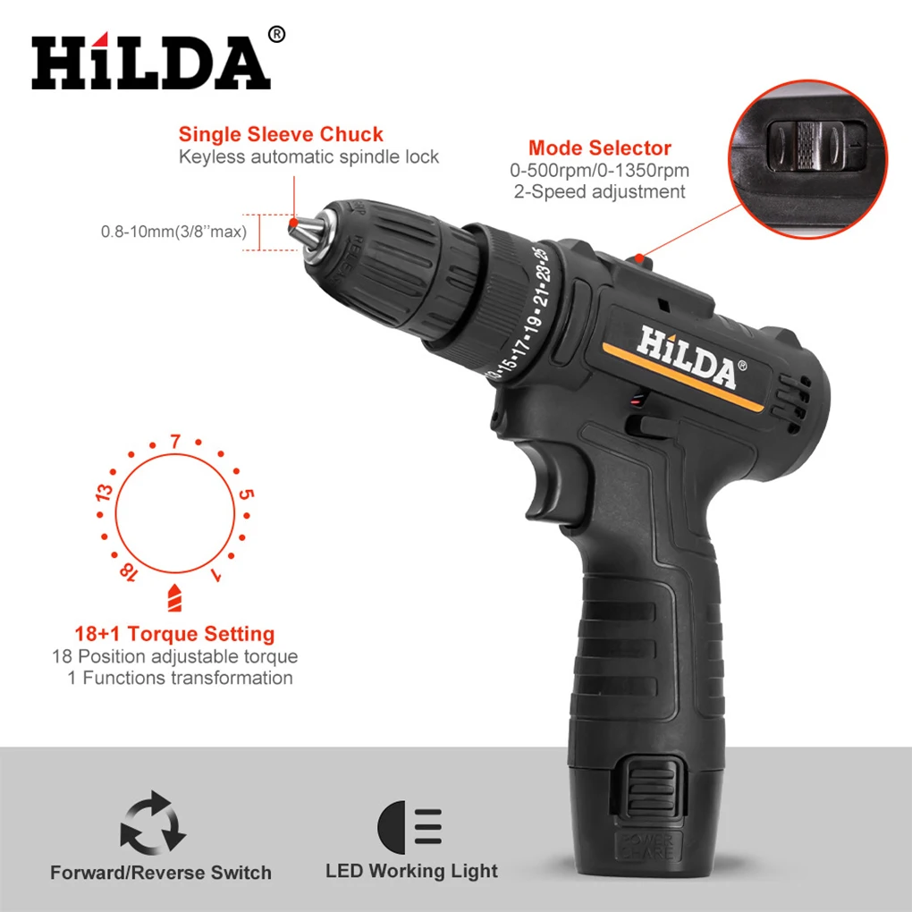 HiLDA 12V Electric Screwdriver Lithium Electric Drill Household Wireless Impact Drill Charging Screwdriver Electric Drill