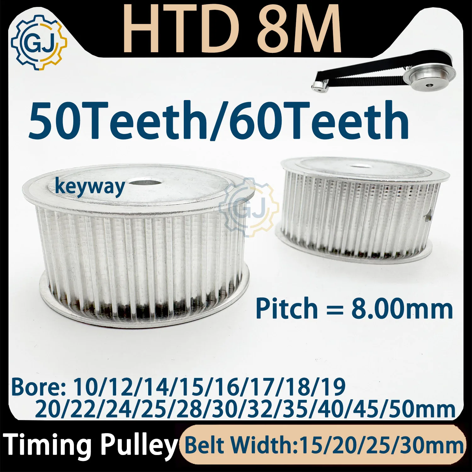 HTD 8M-50Teeth/60Teeth Timing Pulley Synchronus Pulley Belt Width 15/20/25/30mm Bore 10 12 15 20 25 30 40mm HTD8M 50T 60T Pulley