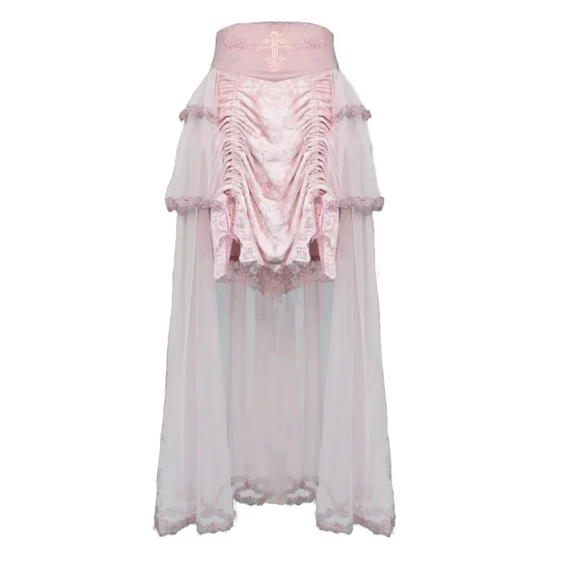 Blood Supply Original Pink Mesh Skirt Asymmetic Drawstring Spring New Romantic Gothic Velvet Lotus Embroidery Palace Skirts