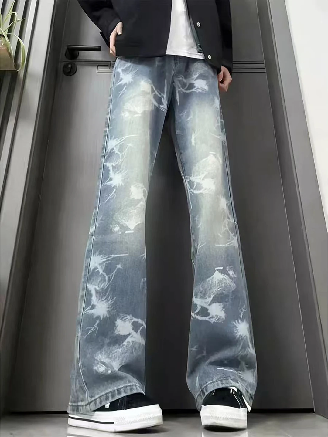 

Light Blue fiti Print Men's Jeans Spring Autumn Dyed Embroidery Design Micro Flared Pants Heightening Leg Lengthening Pants