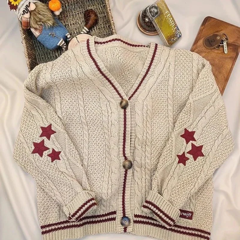 Black Knit Print Women Cardigan Korean Sweet Loose Star Long Sleeve Female Sweater Autumn Preppy Style New V Neck Ladies Tops