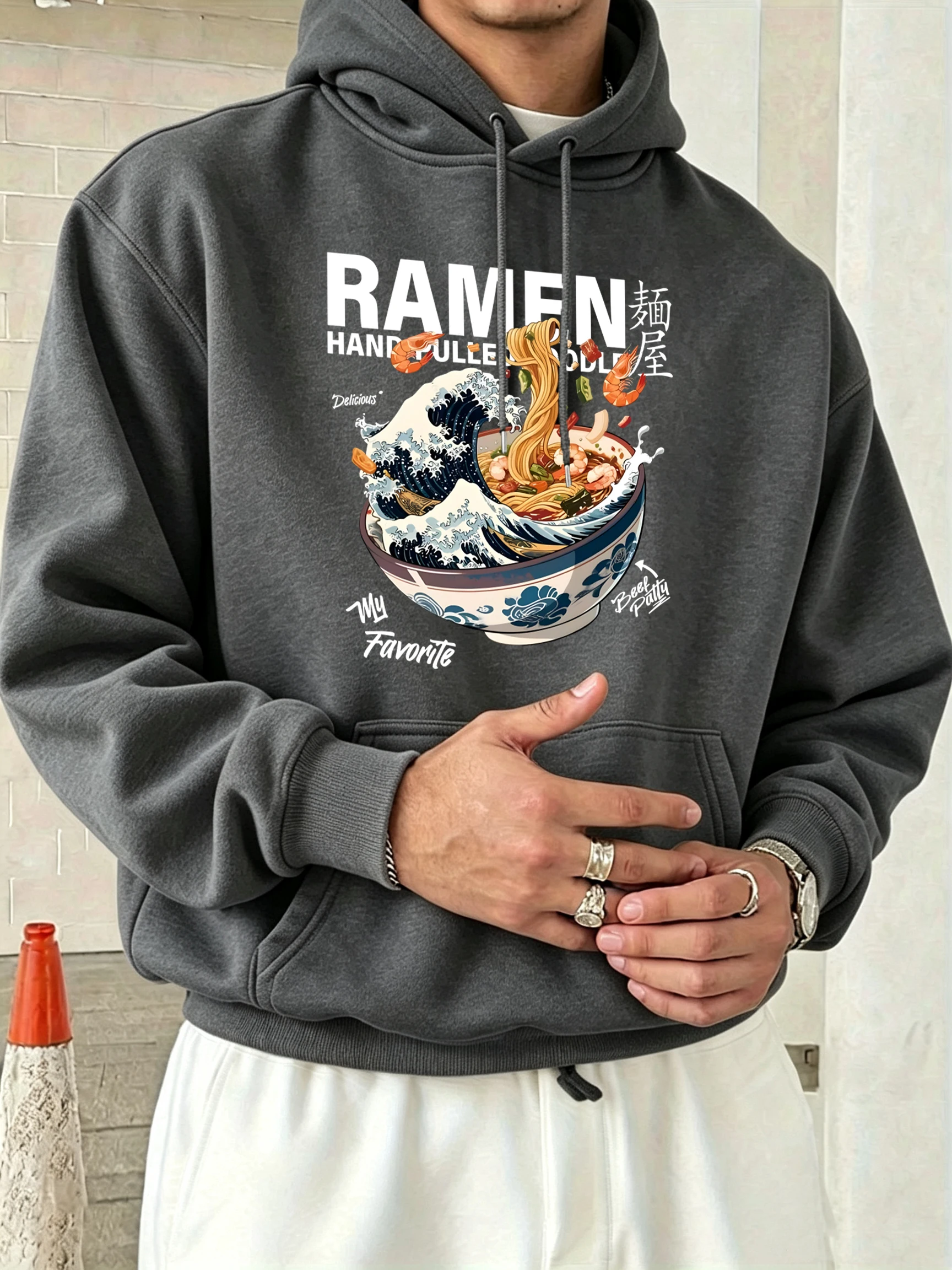 A Bowl Of Rich Lamian Noodles Print Hoodie Men Fleece Loose Clothing O-Neck Autumn Pullover All-Match Unisex Casual Long Sleeve