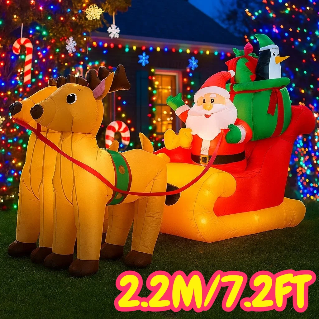 Papá Noel inflable de 2,2 M/7,2 pies en trineo con luces de reno, juguetes LED para decoración del hogar, suministros festivos de Navidad para patio, decoración al aire libre