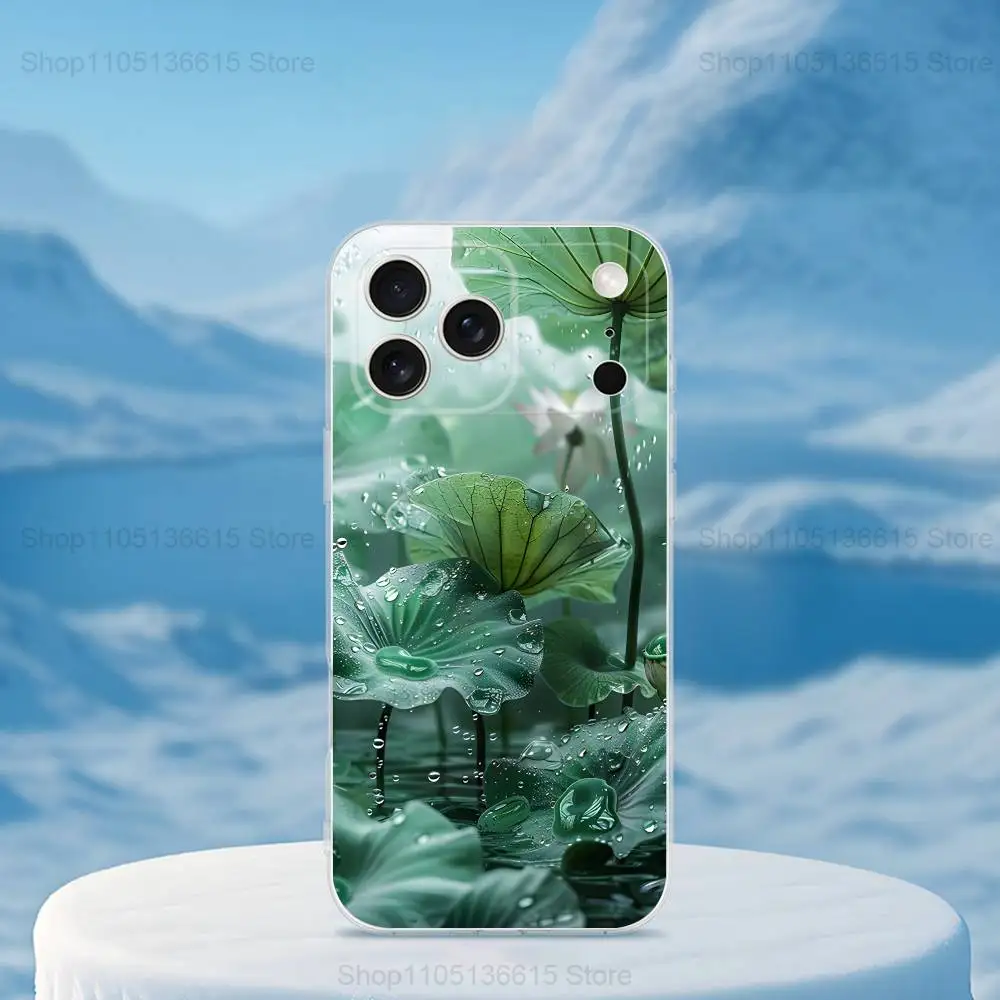 Funda de teléfono Nature Lotus Leaf para iPhone 16,15,14,13,12,11,17 Pro,Max,Plus,X,XS,XR,SE,Mini cubierta suave transparente