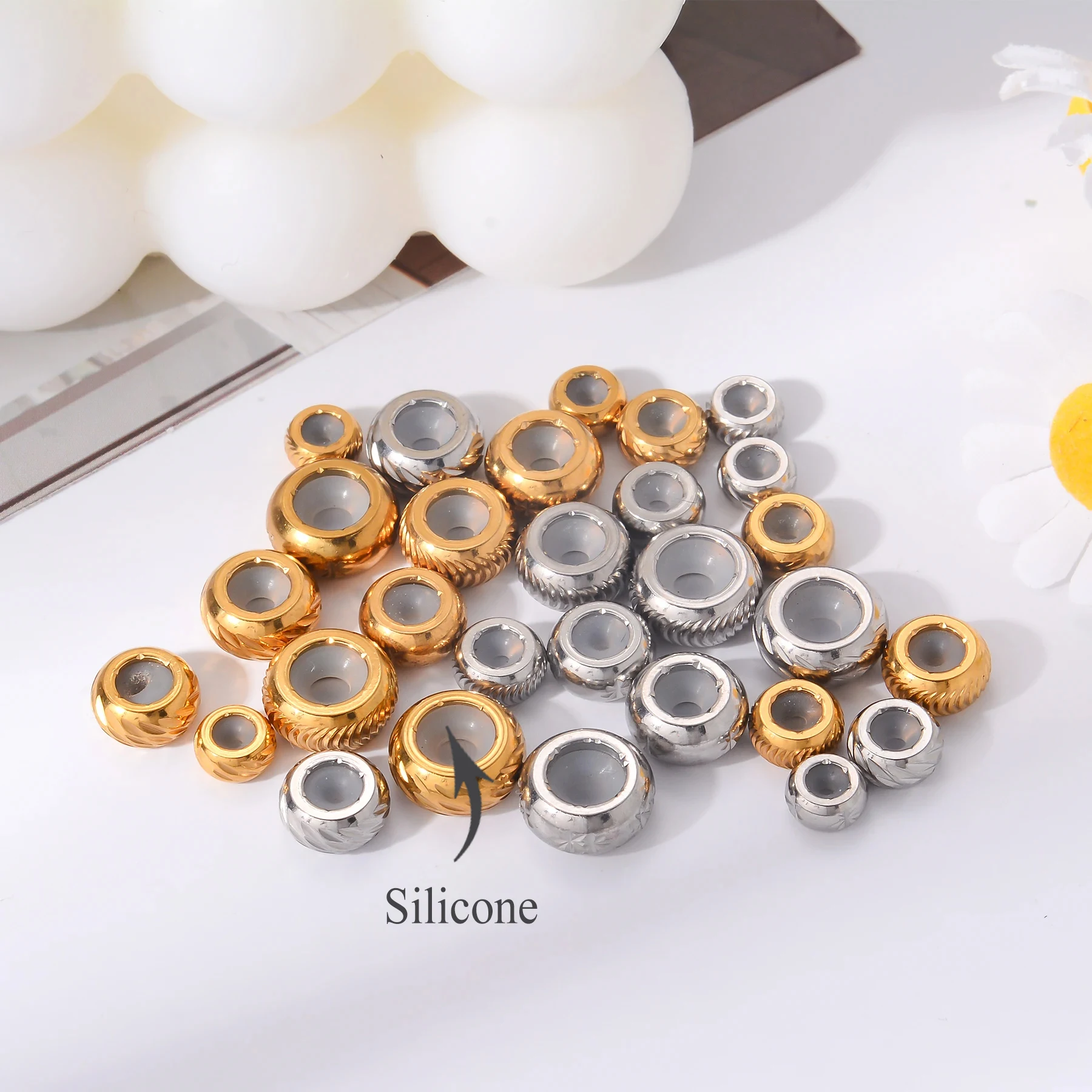

5Pcs Stainless Steel Spacer Beads with Silicone Rubber 6mm-10mm DIY Making Bracelet Necklace Jewelry Making Findings Supplies
