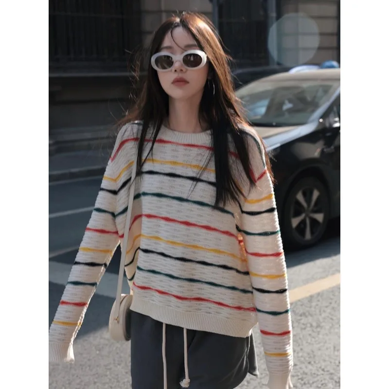 

Rainbow Stripe Knitting Shirt Women Hollow out Sweater Long Sleeve Underlay Shirt Spring/Summer Outer Pullover Sweater Women