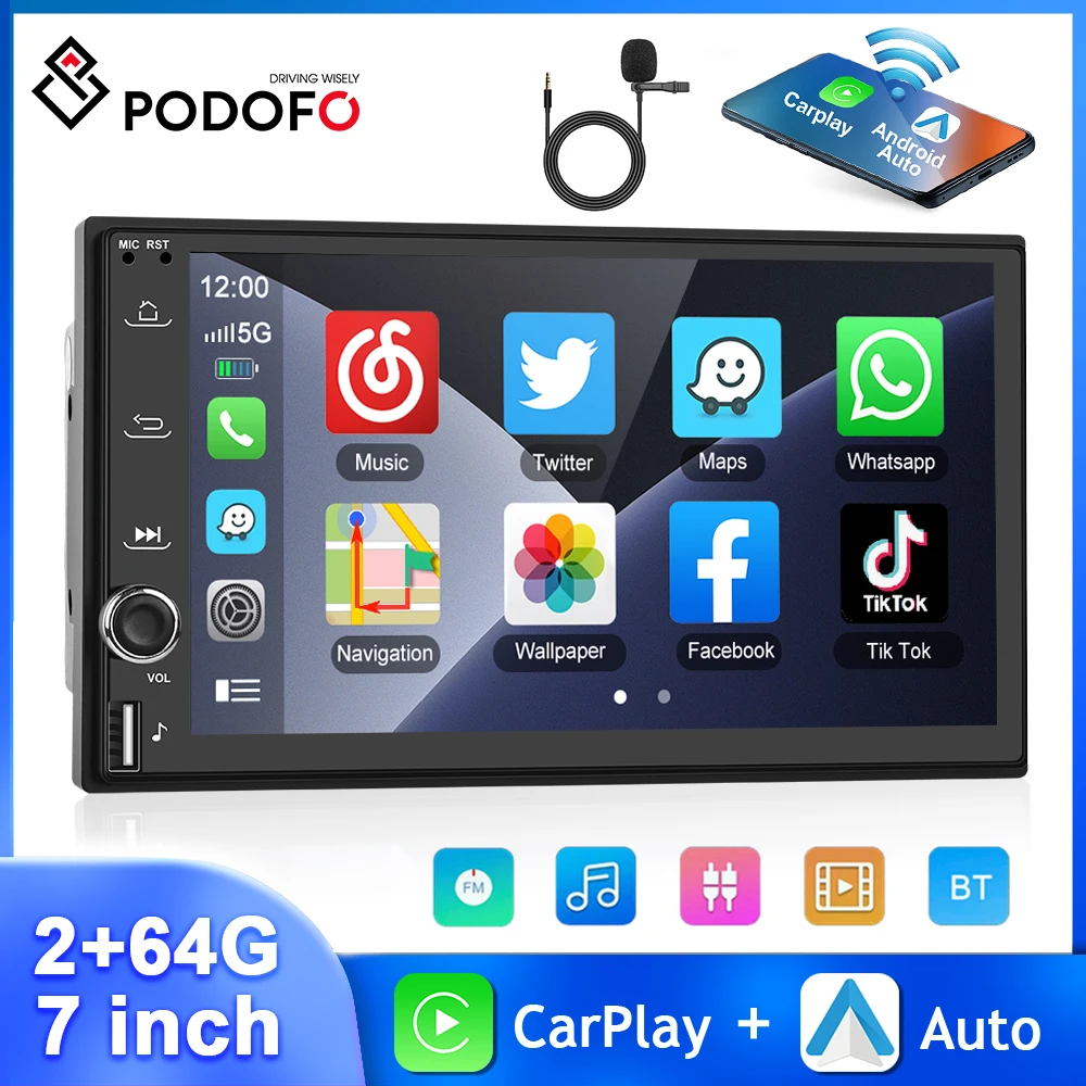 

Podofo 7'' 2+64G Car Stereo Android Automotive Multimedia Carplay Android Auto WIFI GPS Navigation HiFi 2din Universal Autoradio