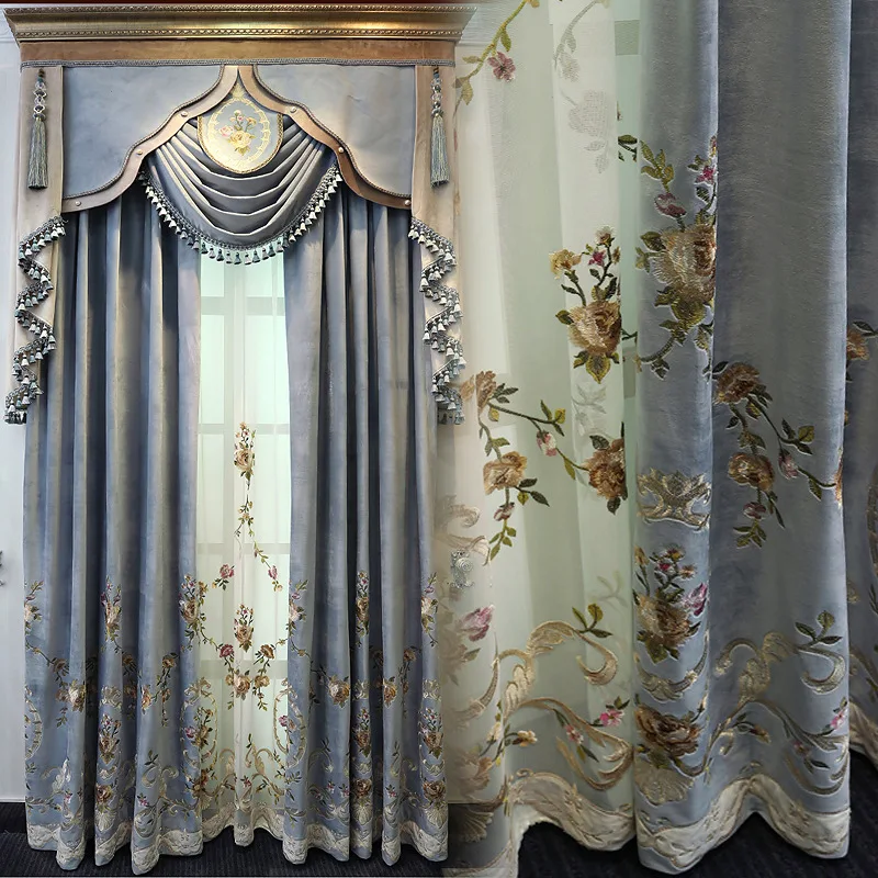 Luxury Blue Velvet Embroidered Full Blackout Curtain European Pastoral Curtains for Living Dining room Bedroom Tulle Custom