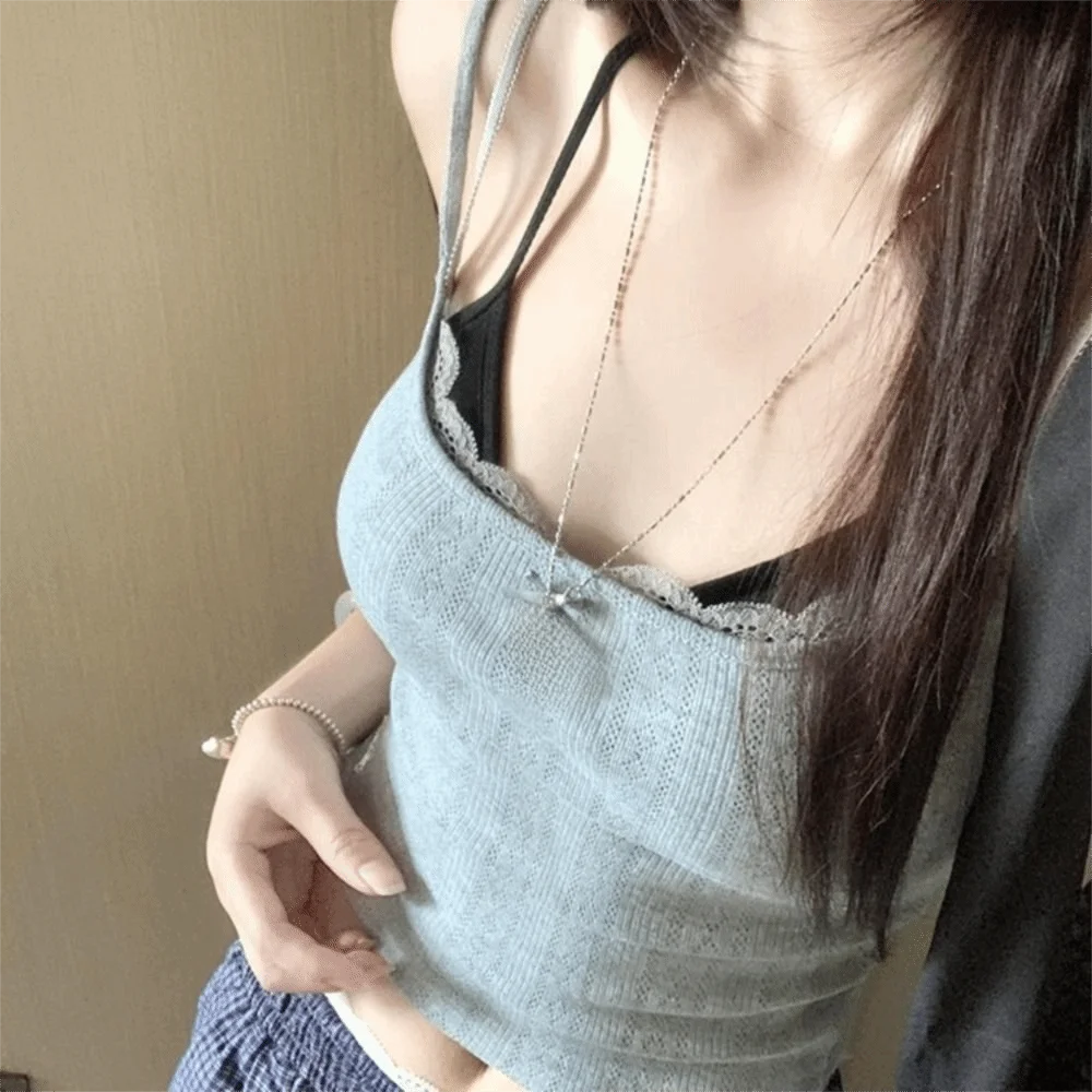 Sweet Sleeveless Lace Trim Camisole Underwear Slim Tie Back Camisole Top With Padded Cups Camisole for Women