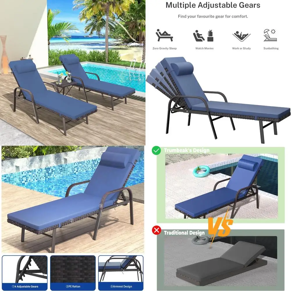 

3-Piece Outdoor Cushioned Chaise Lounge Set with Adjustable Rattan Backrest and Armrests