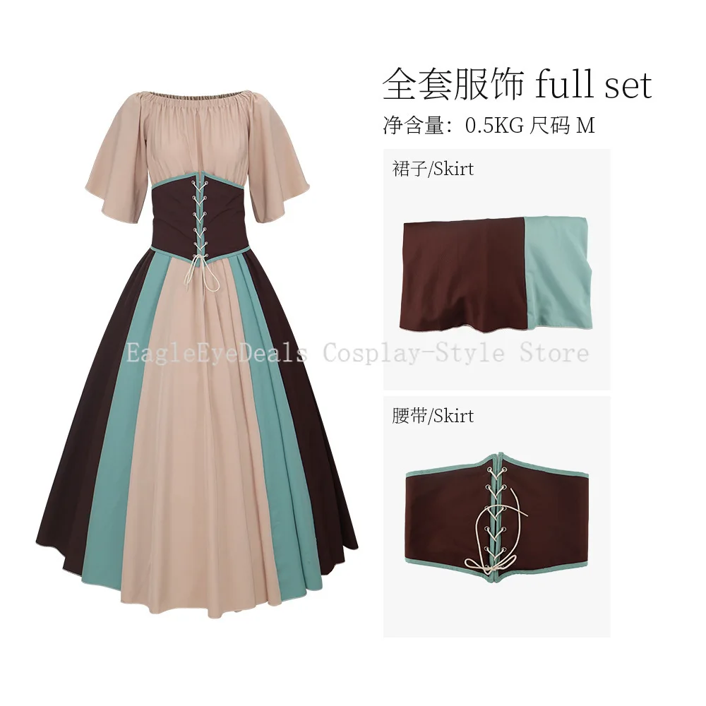 Women's Medieval Retro Contrast Color Slim Dress - Off-Shoulder with Feifei Sleeves, Large Swing Skirt for Cosplay & Performance