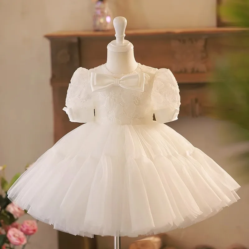 Robe de Bal à Manches Courtes et Paillettes pour Petite Fille, Tenue de Princesse, Élégante, Blanche, avec Nministériels d Bouffant, pour Anniversaire