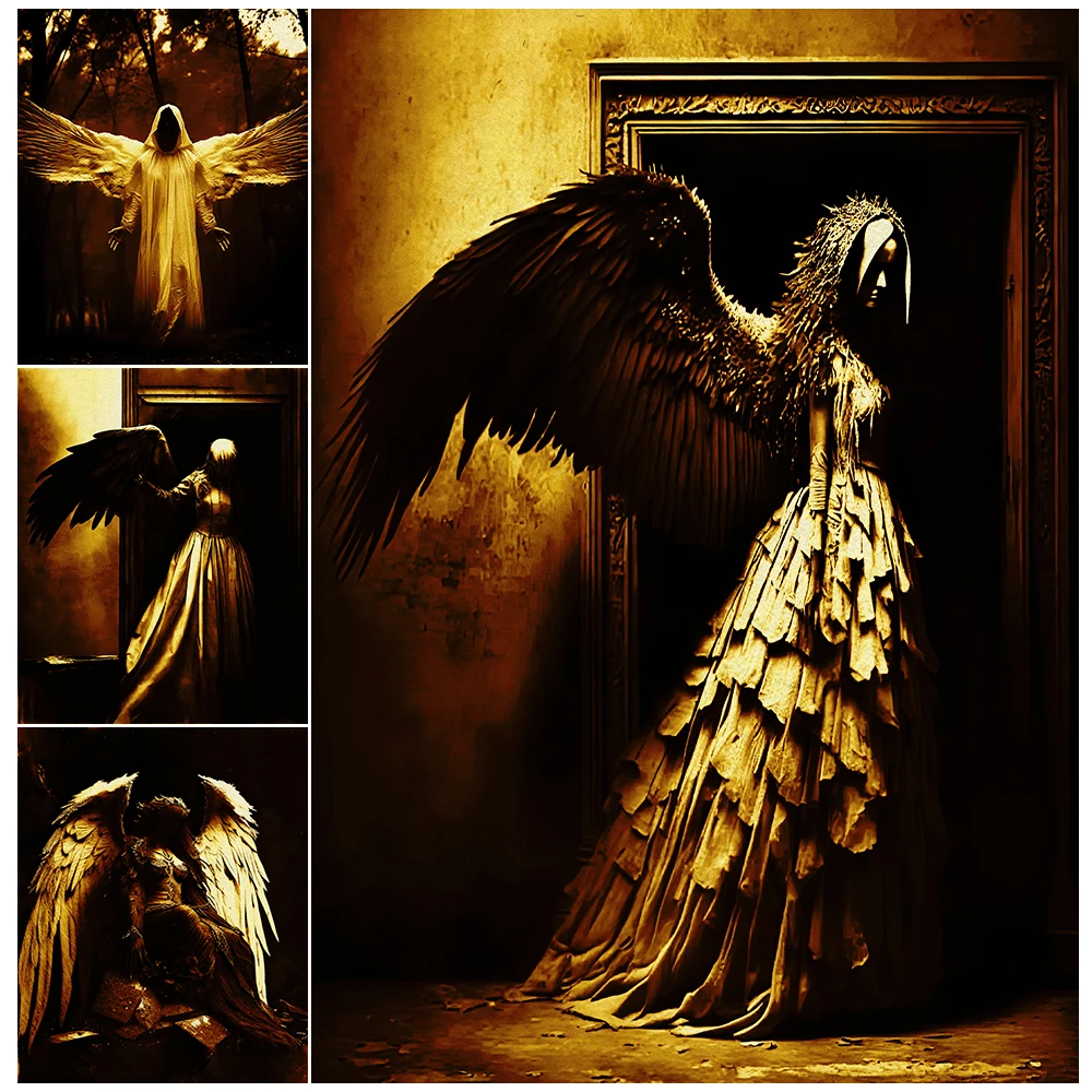 Creepy Fallen Angels Vintage Wall Art Canvas Painting Horror Blackened Angel Art Poster And Print Home Decoration Unframed