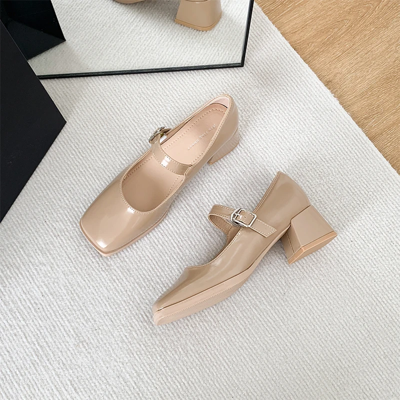 

French style coarse medium heel Mary Jane single shoes new fairy style square head retro small leather shoes