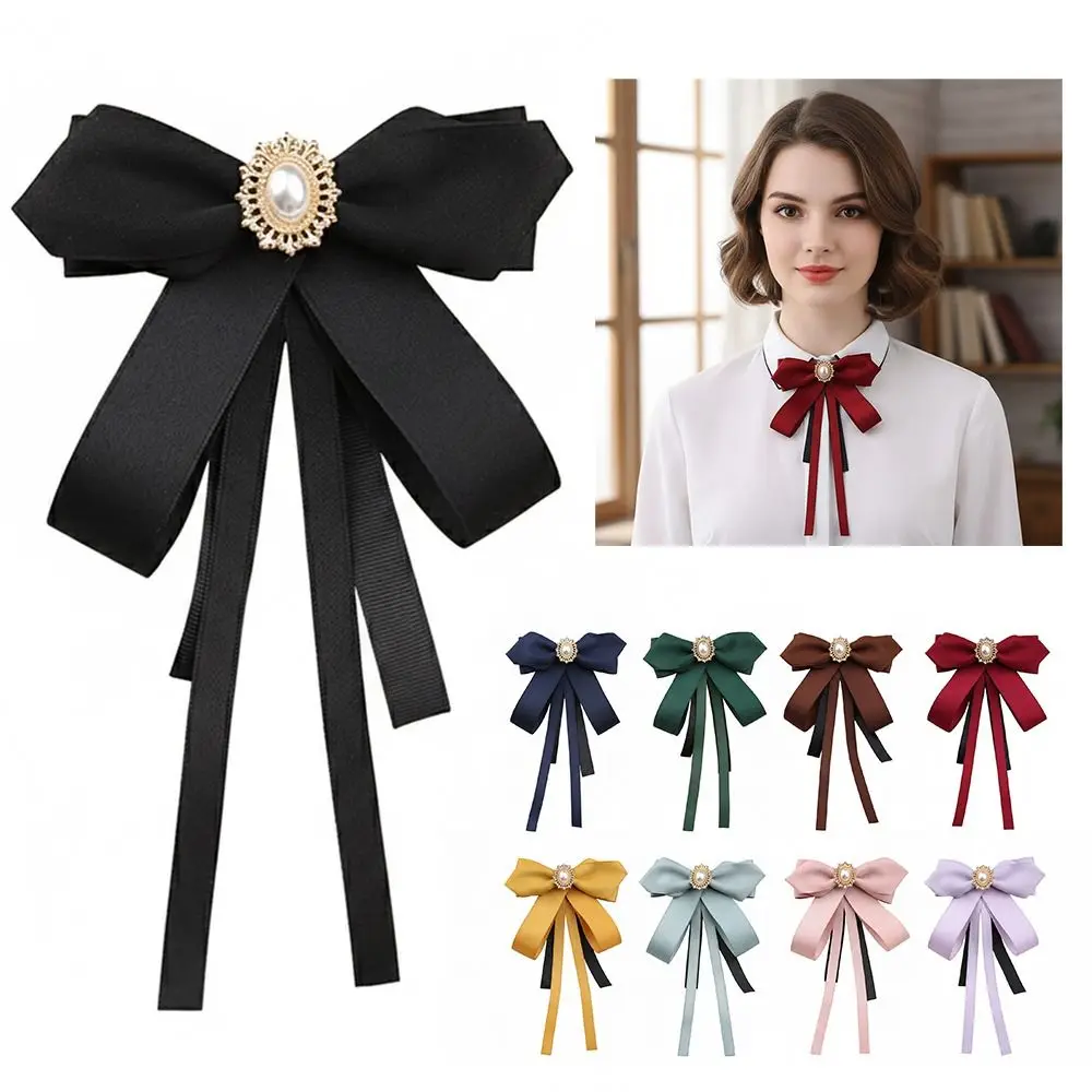 Fashion Ribbon Bow Tie Brooch Crystal Rhinestone Pearl Shirt Collar Pins Solid Color Bowknot Brooches Female