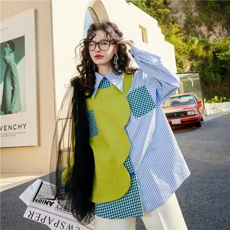 Blouse Women Office Lady Autumn Spring Fashion New Full Patchwork Designer Luxury Irregular Women Tops Coat