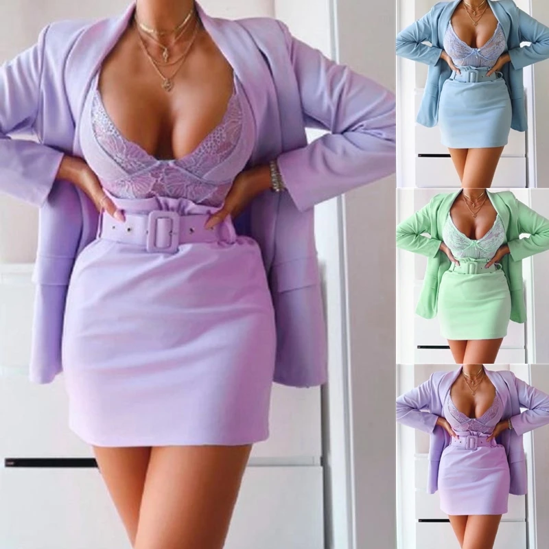 

Fashion 2Piece Sets Women Blazer Sexy Slash Neck Office Long Sleeve Suit Coat+Skirt Set Pink Blazer Women Clothing