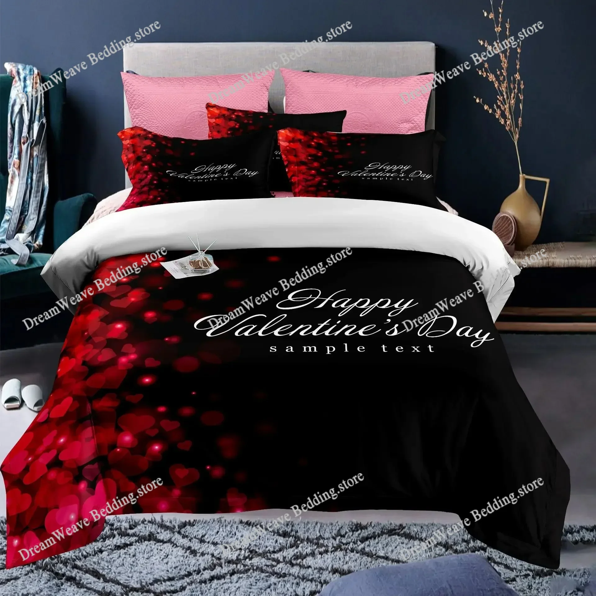 

Custom Name 3D Duvet Cover Linen Pillowcases Wedding Decor Twin King Queen Love Heart Valentine's Day Bedding Set