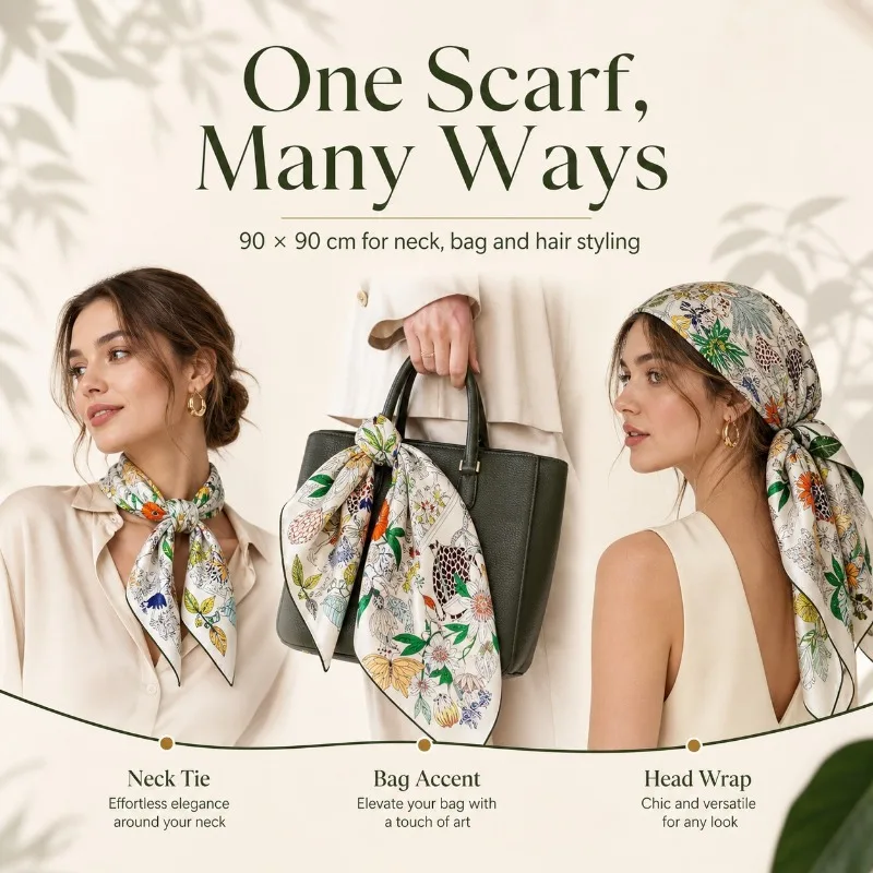 Luxury 100% Pure Mulberry Silk Square Scarf 90X90cm Vintage Natural History Zoo Floral Print Neck Wrap Shoulder Shawl Bag Decor
