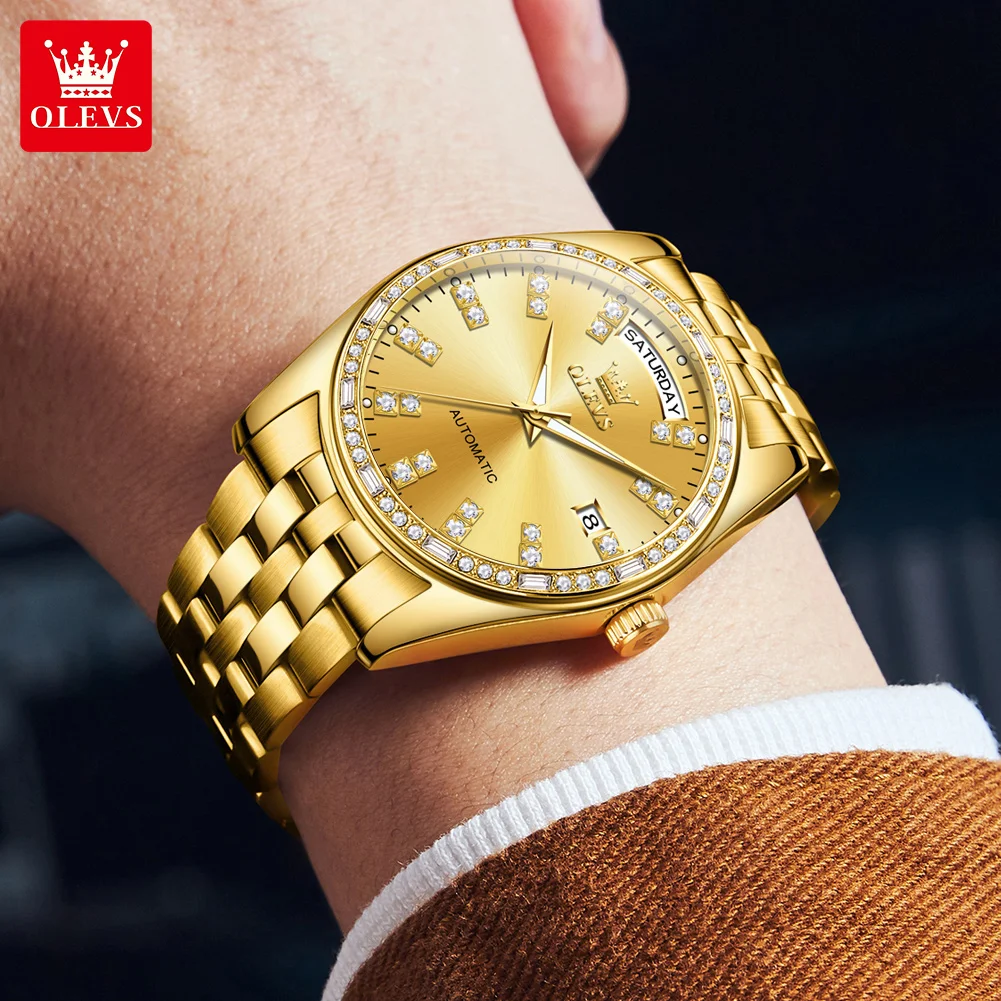 OLVES Original Watch Diamond Men Watch Gold Luxury Automatic Mechanical Watches Stainless Steel Strap Waterproof Day-Date 9802