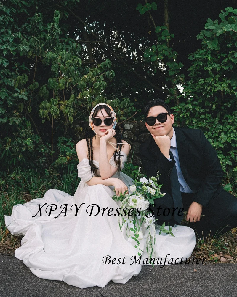 Xpay elegante seda tafetá uma linha vestidos de casamento coreia sessão de fotos mangas curtas país vestidos de noiva espartilho volta personalizado